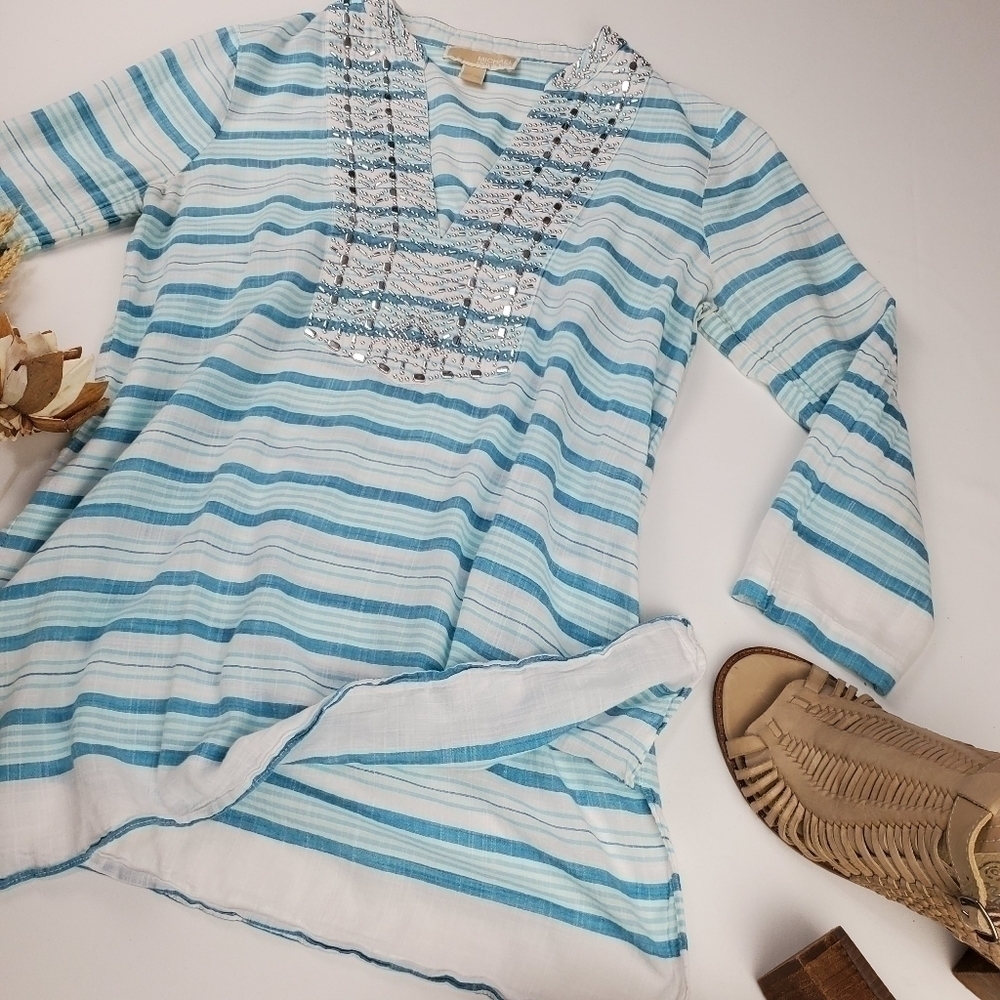 Michael Kors Blue White Stripe Silver Top Small - Picture 3 of 9